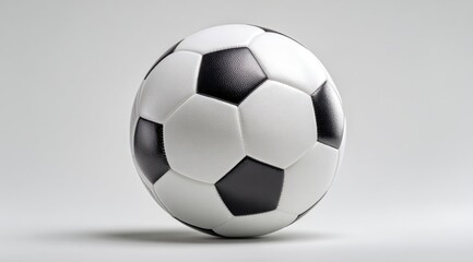 A classic black and white soccer ball rests on a light grey background, subtly shadowed.  Its pentagonal and hexagonal panels are clearly defined
