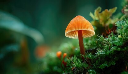 Small orange mushroom on moss