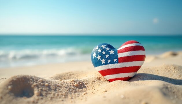Heart symbol painted with American flag colors rests on sandy beach shore. Blue sky, calm turquoise ocean water background. Symbolizes patriotism, love for country, summer vacation, national pride.