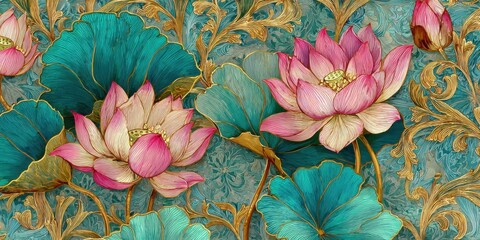Detailed lotus flowers in teal and gold damask pattern