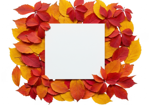 A vibrant autumn leaves frame with a blank white space isolated on transparent background
