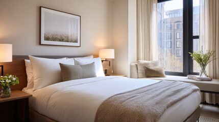 Fototapeta premium A serene hotel bedroom bathed in morning light, featuring a neatly made bed and minimalist decor.