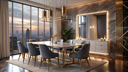 Modern luxury dining mockup with oversized frame on wall for stylish dining interior showcase