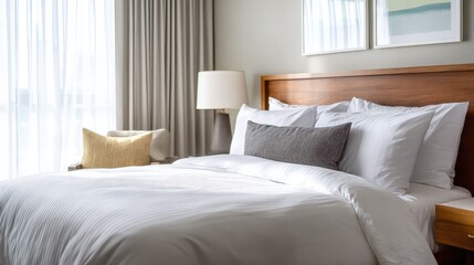 A serene hotel bedroom bathed in morning light, featuring a neatly made bed and minimalist decor.