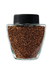 Clear glass jar filled with instant coffee showing its rich brown texture.