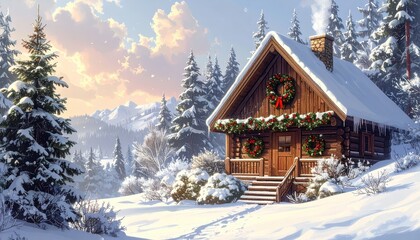 A charming log cabin nestled in a snowy winter wonderland, adorned with festive wreaths, bathed in the warm glow of a winter sunrise.