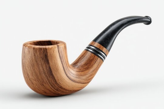 A classic, curved wooden tobacco pipe with a dark, polished stem featuring a thin silver band.  The bowl is crafted from richly grained wood