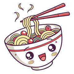 A cute and happy bowl of noodles with chopsticks held above steaming and ready to eat in a kawaii style illustration