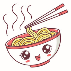 A cute and happy bowl of steaming noodles being lifted with chopsticks perfect for food illustrations and designs
