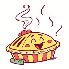 A cheerful smiling cartoon pie with a golden crust red stripes and steam rising suggesting a delicious freshly baked dessert