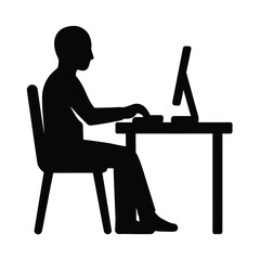 Vector illustration of black silhouette of person working on computer