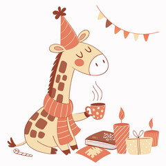 Warm Cozy themed SVG: Loving Giraffe with wearing a party hat in a Christmas environment