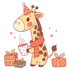 Warm Cozy themed SVG: Loving Giraffe with wearing a party hat in a Christmas environment