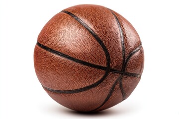 A classic orange-brown basketball with textured leather, black lines, and a slight shadow on a white background