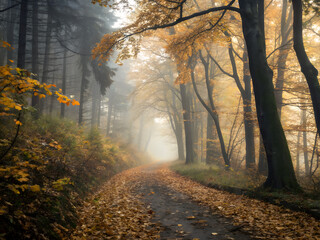 Foggy Autumn Forest Path
