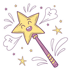 A happy cartoon star shaped magic wand with a smiling face and purple accents surrounded by sparkling stars and magical effects