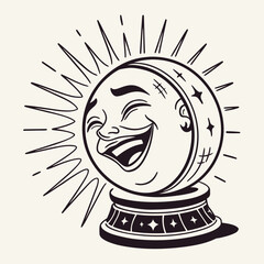 A vintage style cartoon illustration of a laughing sun with a happy face and radiating sunbeams on a stand