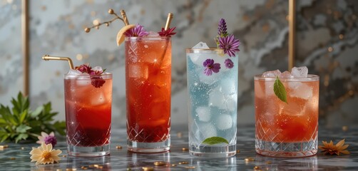  Elegant Long Drinks Garnished with Edible Flowers and Sparkling Ice Crystals