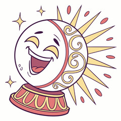 A whimsical cartoon illustration of a happy crystal ball with a sunburst design and a smiling face radiating joy and positive energy with sparkling stars