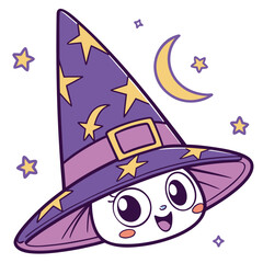 Adorable cartoon character wearing a starry purple witch hat with a happy expression surrounded by stars and a crescent moon perfect for halloween celebrations