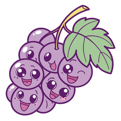 Adorable kawaii bunch of purple grapes with cute happy faces and a green leaf on a white background