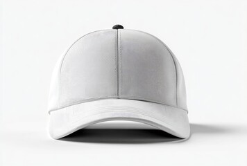 A clean, front-view studio shot of a plain white baseball cap with a dark top button and subtle stitching details against a bright white background