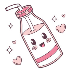 Adorable kawaii pink strawberry milk bottle with a happy face and straw surrounded by sparkling stars and cute hearts on a white background
