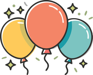 A fun vector illustration of a cartoon chicken character with colorful balloons and an apple