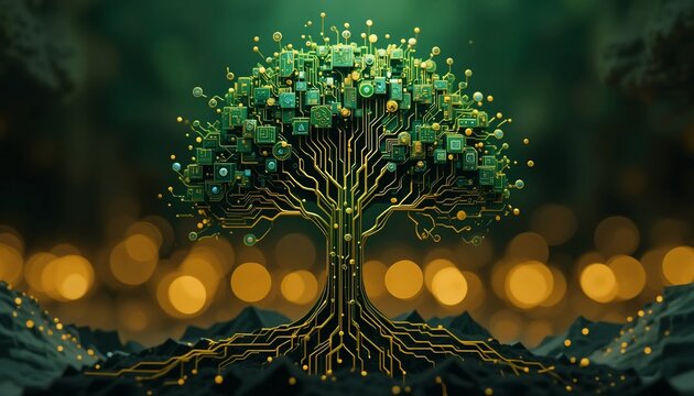 Circuit Board Tree Abstract digital artwork depicting a tree formed from circuit boards set against a bokeh background