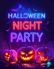 Happy Halloween Night Party blank poster design . Jack-o-lantern ,horror,spooky design neon illustration 3d theme