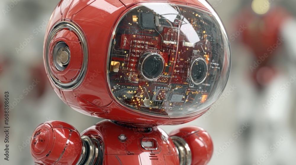 Poster a detailed view of a red robotic figure featuring a transparent dome that exposes its intricate circ