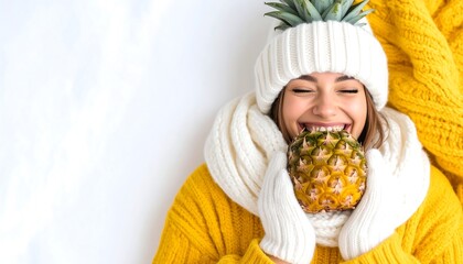 Woman Smiling Holding Pineapple in Winter Clothing Against White Background