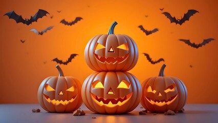 Spooky Halloween Jack-o'-lanterns against an orange backdrop. This image features three illuminated jack-o'-lanterns stacked in a Halloween-themed composition.