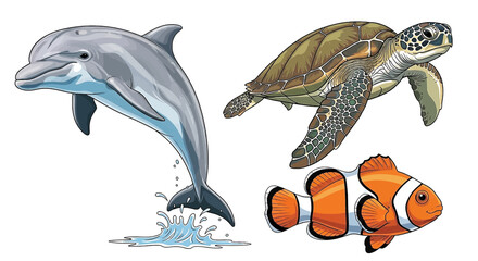 Obraz premium Vibrant ocean life captures playful dolphin, wise turtle, and cheerful clownfish in stunning detail.