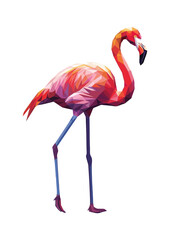 Fototapeta premium Polygonal flamingo standing gracefully on one leg in a minimalistic white background