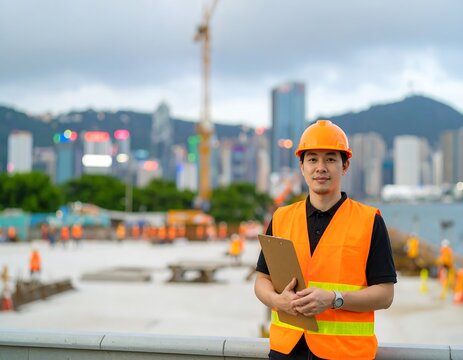 Construction Worker Overseeing Urban Development Site - Powered by Adobe