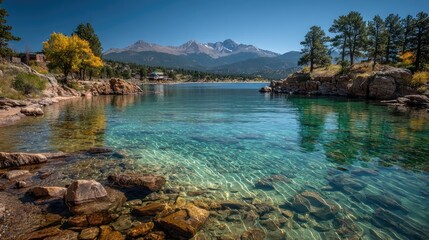 Crystal-clear alpine lake, fall colors, mountains