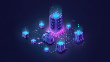 Isometric view of a network of interconnected server clusters.  Glowing, futuristic server units are linked by illuminated digital pathways.  Dark, modern background