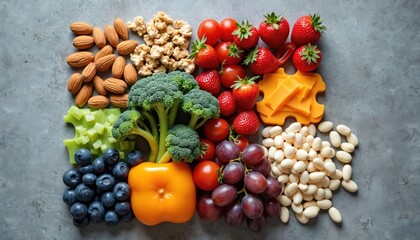Colorful assortment of healthy foods arranged like puzzle, representing balanced nutrition, complete diet. Includes broccoli, strawberries, blueberries, tomatoes, grapes, cheese, almonds, beans,