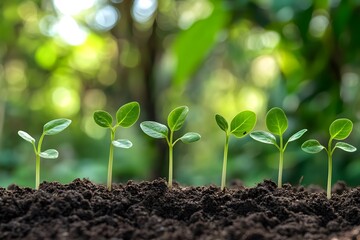 Six Young Green Seedlings Emerging from Rich Dark Soil in Soft Sunlight.