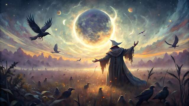 Wizard of crows casting a spell in mysterious fantasy magic illustration