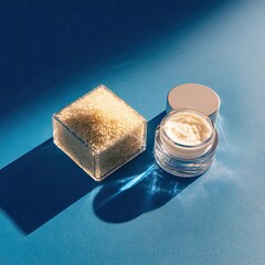 A clear container of uncooked rice sits beside a jar of creamy white cosmetic product on a vibrant blue background, illuminated by a dramatic light source casting sharp shadows