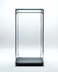A clear, cube-shaped glass display case with a dark gray base sits on a white background.  It's empty, offering a minimalist aesthetic