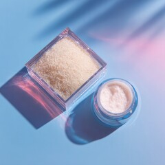 A clear cube holds uncooked rice beside a small jar of off-white cream against a pastel blue background; dramatic shadows cast