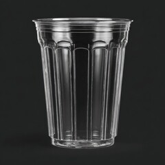 A clear, disposable plastic cup with vertical ribs, shown against a dark background.  It's cylindrical with a slightly flared rim