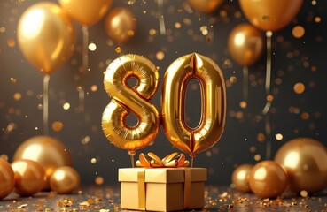 Golden 80th birthday celebration features shiny balloons and confetti. Wrapped gift box with gold ribbon sits below number 80 balloons. Elegant, luxurious party decor for milestone anniversary event.