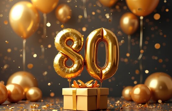 Golden 80th birthday celebration features shiny balloons and confetti. Wrapped gift box with gold ribbon sits below number 80 balloons. Elegant, luxurious party decor for milestone anniversary event.