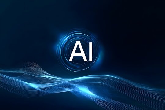 AI logo with a glowing blue light, set against a digital waves background. 3D rendering,  - Powered by Adobe