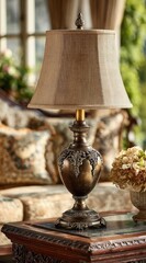 Ornate table lamp with beige shade