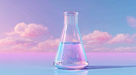 A clear Erlenmeyer flask, partially filled with iridescent liquid, sits on a reflective surface against a pastel sky backdrop with fluffy clouds